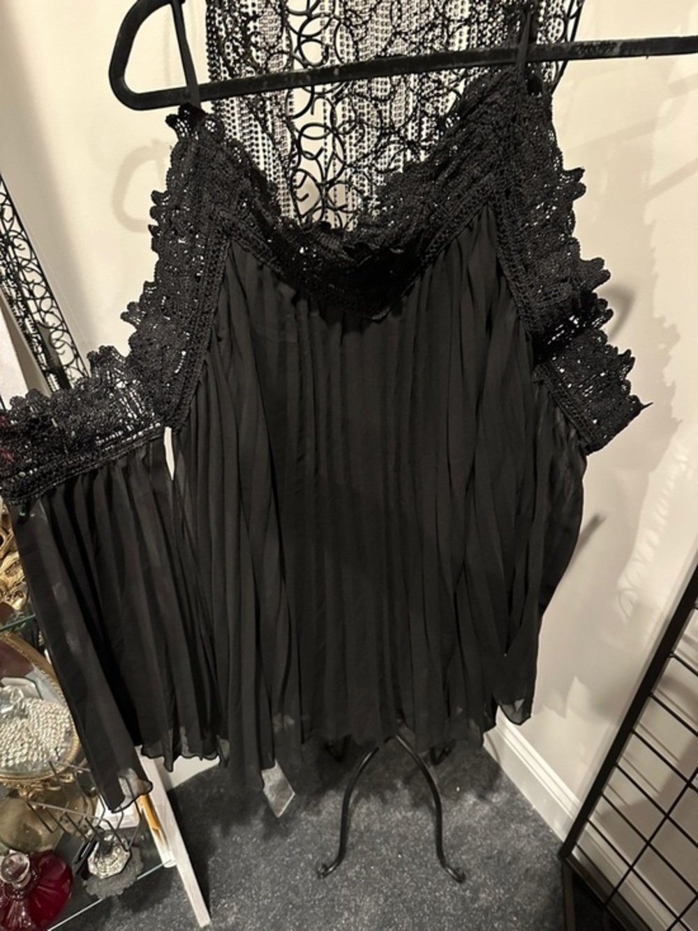 Haute Rogue Dress Black Lace-Trim Pleated Camisole Top Cold Shoulder